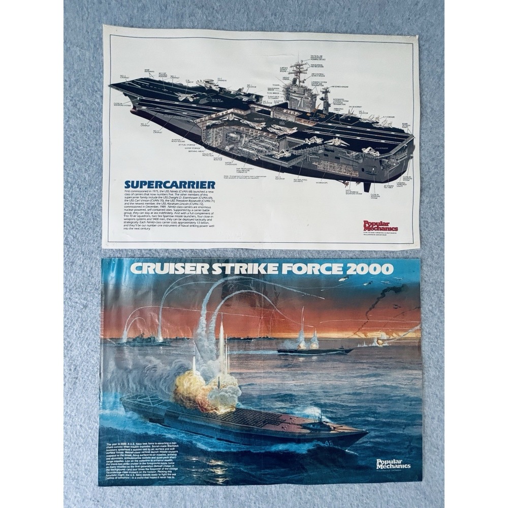 Vintage 80s 90s Popular Mechanics Poster Boat Supercarrier Cruiser Strike Force